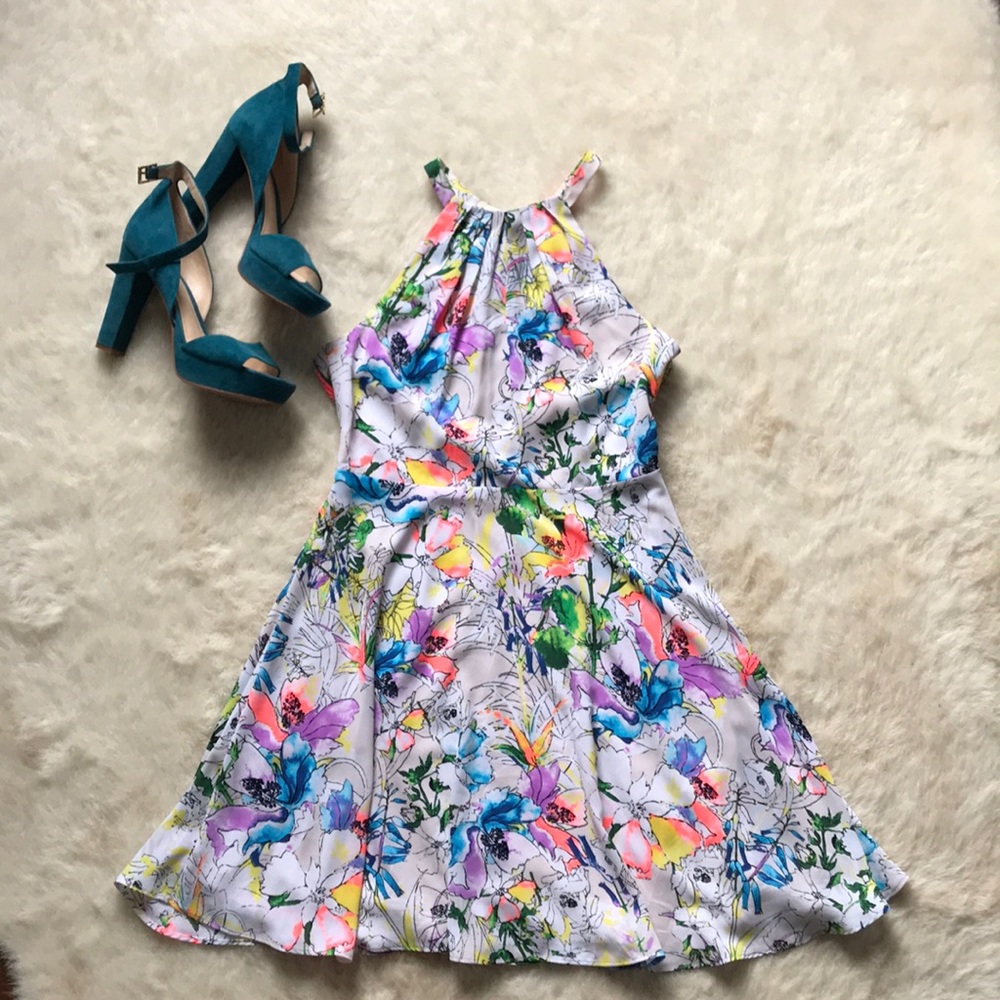 White & Multicolor Floral Fit and Flare Dress